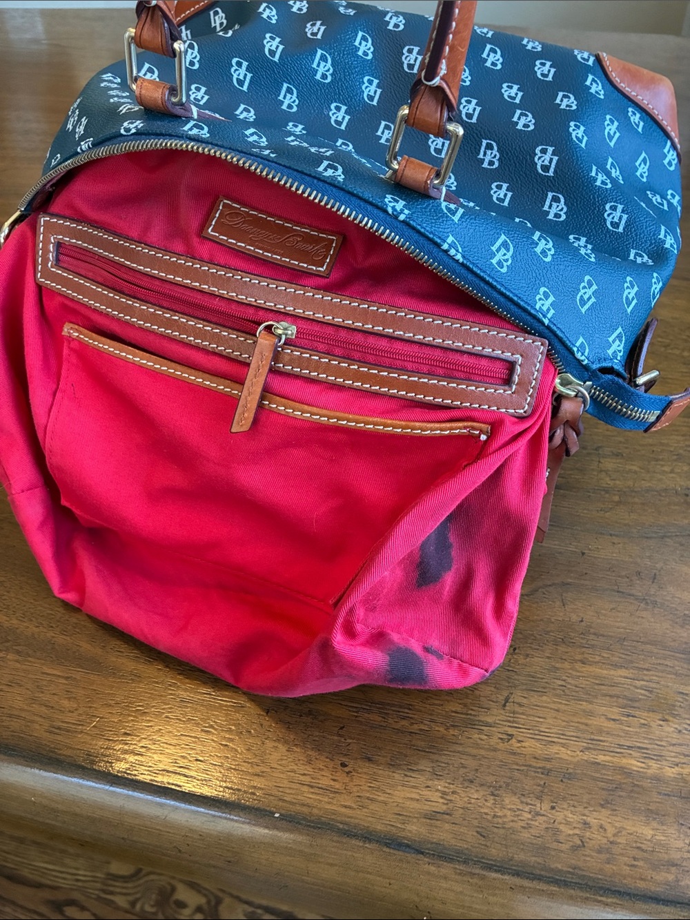 Dooney & Bourke Large Signature Monogram Zip Satchel Navy Blue & White Leather - Picture 10 of 16